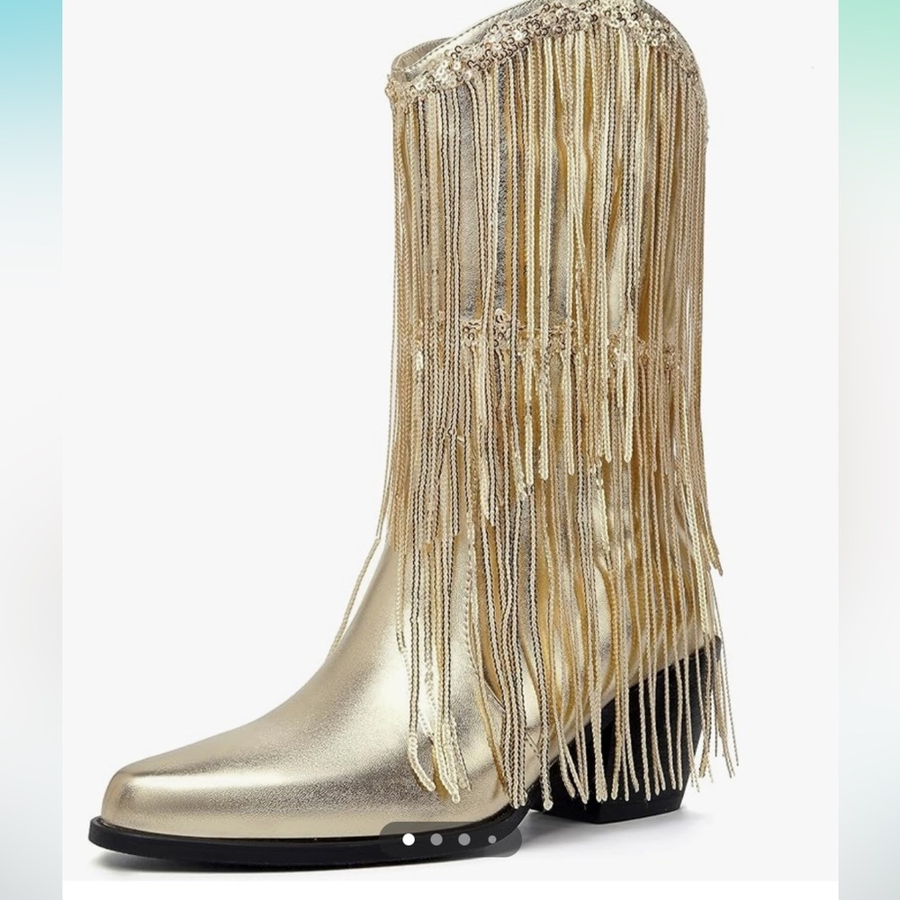 Womens Fringe Metallic Cowboy Boots Tassel Mid Calf Boots Gold size 11